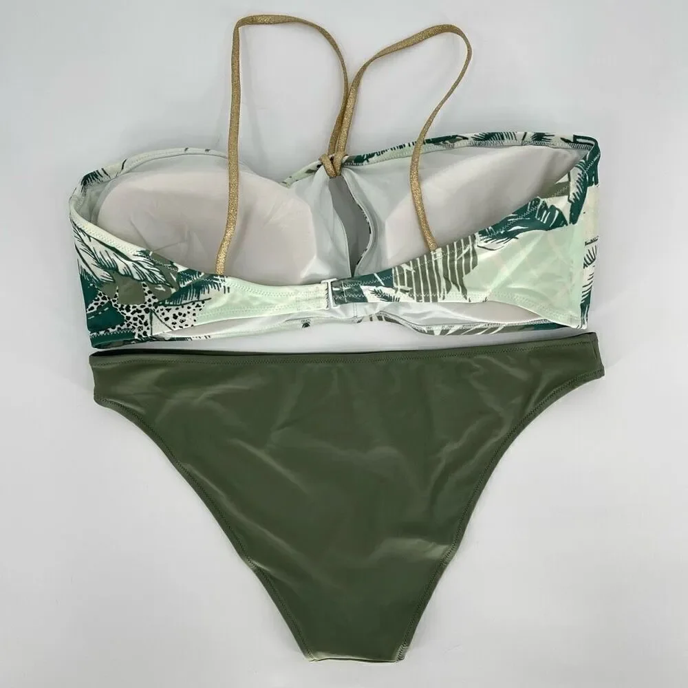 Aerie Keyhole Bandeau Top Cheeky Bottom Swimsuit Set Green Tropical‎ Print XXL